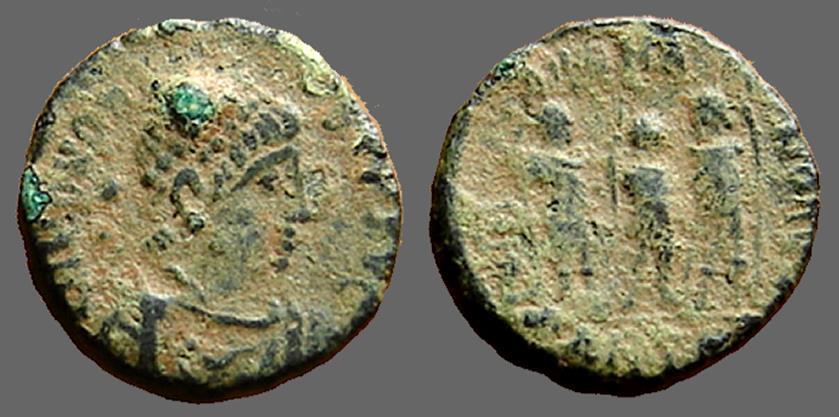Ancient Coins - Honorius AE3 (14mm) 3 Emperors. Antioch, Turkey   Theodosius II, Aracadius, Honorius stg.   