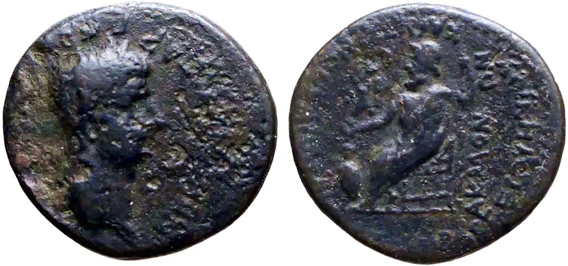 Nero AE18 Phrygia, Akmoneia. Zeus seated on throne | Roman