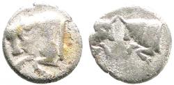 Ancient Coins - Caria, Uncertain mint. AR7 hemiobol. Bull / Bull's confronted