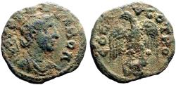 Ancient Coins - Alexandria, Troas AE21 Turreted Tyche / Eagle stg on head of bull