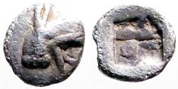 Ancient Coins - Teos, Ionia. AR6 Tetartemorion. Griffin / Incuse square