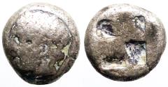 Ancient Coins - Lesbos AR8.5 Diobol. Apollo / Incuse square