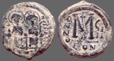 Ancient Coins - Justin II & Sophia AE30 Follis.  Constantinople. year 8.  officiana A