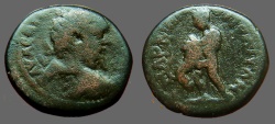Ancient Coins - Septimius Severus AE18 Herakles wrestles Nemaean Lion.  Marcianopolis, M.I.