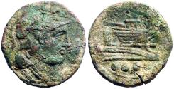 Ancient Coins - Roman Republic AE22 Triens.  Minerva / Galley Prow
