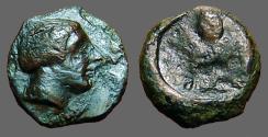 Ancient Coins - Sicily, Syracuse AE12 Onkia.  Female bust / Octopus.