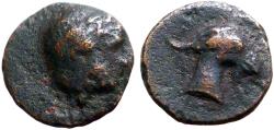 Ancient Coins - Aeolis, Aigai, AE11 Laureate head of Apollo right / Head of goat right
