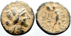 Ancient Coins - Phrygia, Apameia AE16 Turreted Tyche / Marsyas playing aulos