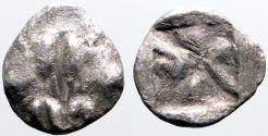 Ancient Coins - Lesbos, Mytilene AR9 Hemiobol. Confronting boar heads / Incuse