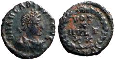 Ancient Coins - Arcadius AE4 Vows in wreath.  VOT/X/MVLT/XX. Antioch mint