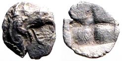 Ancient Coins - Teos, Ionia. AR6 Tetartemorion. Griffin / Incuse square