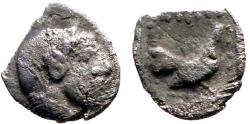 Ancient Coins - Methymna, Lesbos AR7 Tritemorion. Silenos right / Cock