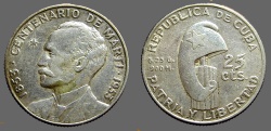 World Coins - Cuba 25 Centavos.  Birth of Jose Marti Centennial Silver Commemorative 1953