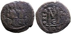 Ancient Coins - Justin II & Sophia AE29 Follis. Constantinople. year 5. Chi-Rho