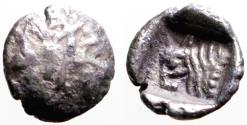 Ancient Coins - Lycia or Caria AR6 Tetartemorion. head & neck of Bull