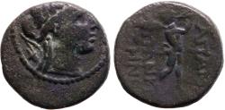 Ancient Coins - Phrygia, Apameia AE17 Turreted Tyche / Marsyas playing aulos