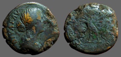 Ancient Coins - Diva Faustina Junior AE30 Sestertius.  Peacock standing left, tail resplendant.