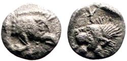 Ancient Coins - Mysia, Kyzikos AR6 Tetartemorion.  Boar / Lion