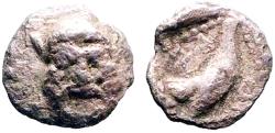 Ancient Coins - Methymna, Lesbos AR6 Tetartemorion. Silenos / Rooster