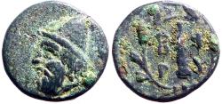 Ancient Coins - Troas, Birytis AE11 Kabeiros w. pileos / Club in wreath