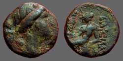 Ancient Coins - Seleukos III AE14 Artemis / Apollo on omphalos 
