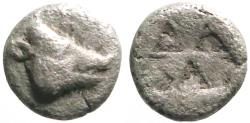 Ancient Coins - Lesbos AR9 Obol. Boar's head right / Incuse pattern