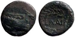 Ancient Coins - Aeolis, Elaea AE18 Prow of Galley / Wreath w. city name