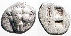 Ancient Coins - Asia Minor, Uncertain AR8 Obol. Lion’s scalp facing / quadripartite incuse