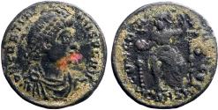 Ancient Coins - Gratian AE18 Follis. Constantinopolis on throne. Constantinople