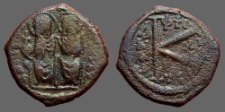 Ancient Coins - Justin II & Sophia,  AE 1/2 Follis.  Thessalonica.  rare.
