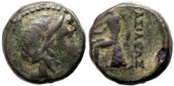 Ancient Coins - Seleukos III AE13 Artemis / Apollo Delphios seated on omphalos