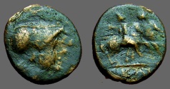 Ancient Coins - Apulia, Caelia.  AE13 Athena / Dioscuri on horseback right