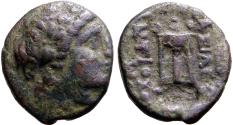 Ancient Coins - Antiochos II Theos AE16 Apollo / Tripod Altar.  anchor countermark