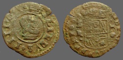 World Coins - Philip IV AE25 (16) Maravedis. Bust rt / Crowned Shield. 1663