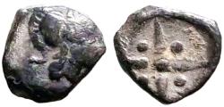Ancient Coins - Uncertain AR7 tetartemorion.  Athena / Star in incuse square