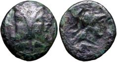 Ancient Coins - Mysia, Lampsakos AE16 Janiform head / helmeted Athena