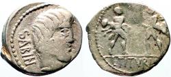 Ancient Coins - L. Titurius Sabinus. AR Denarius.  King Tatius / Soldiers taking Sabine woman