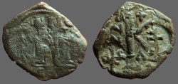 Ancient Coins - Phocas & Leoentia AE24 1/2 Follis.  Roman Eagle counter mark, Abbassid countermark