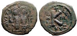 Ancient Coins - Justin II with Sophia AE25 half Follis. Kyzikos. year 8