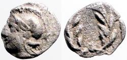 Ancient Coins - Aeolis, Elaia. AR7 Obol.  Athena / Wreath within incuse square