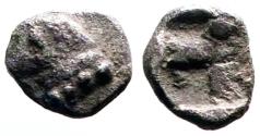 Ancient Coins - Asia Minor. Uncertain. AR6 Tetartemorion. Bull's head left / Incuse square