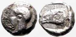 Ancient Coins - Kebren, Troas. AR8.5 Diobol. Female / Ram's head in incuse square