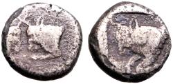 Ancient Coins - Caria, Uncertain AR11 Diobol.  Confronted Bulls w. crossed horns