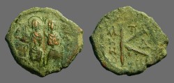 Ancient Coins - Justin II & Sophia AE19 1/2 follis.  Thessalonica