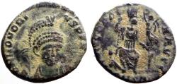 Ancient Coins - Honorius AE17 Honorius facing w. spear & shield / Constantinopolis enthroned