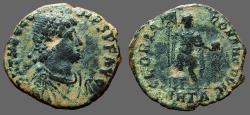 Ancient Coins - Theodosius I AE2. Theodosius facing, holds labarum & globe 