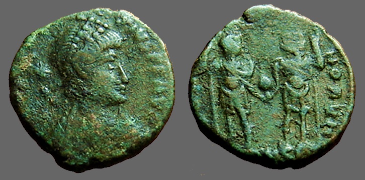 Ancient Coins - Honorius AE3 Honorius & Theodosius hold globe between them  Antioch, Turkey.