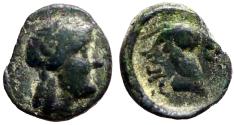 Ancient Coins - Aeolis, Aigai, AE9 Apollo right / Head of goat