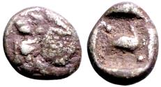 Ancient Coins - Ionia, Miletos AR5.5 Tetartemorion. Roaring Lion / Eagle within incuse square