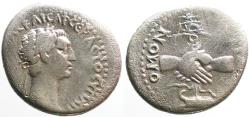 Ancient Coins - Nerva AR Didrachm. Cappadocia, Caesarea. Clasped hands over aquila on prow
